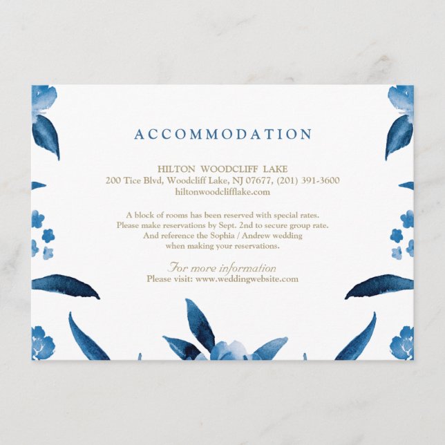 Blue floral Chinoiserie Wedding accommodation Enclosure Card (Front)