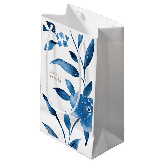 Blue floral Chinoiserie Wedding monogram Small Gift Bag (Front Angled)