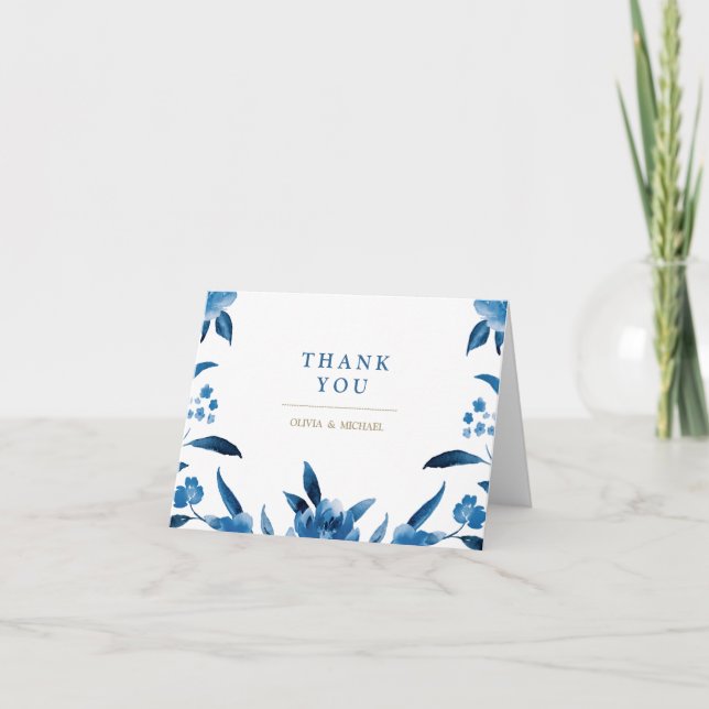 Blue floral Chinoiserie Wedding thank you Card (Front)