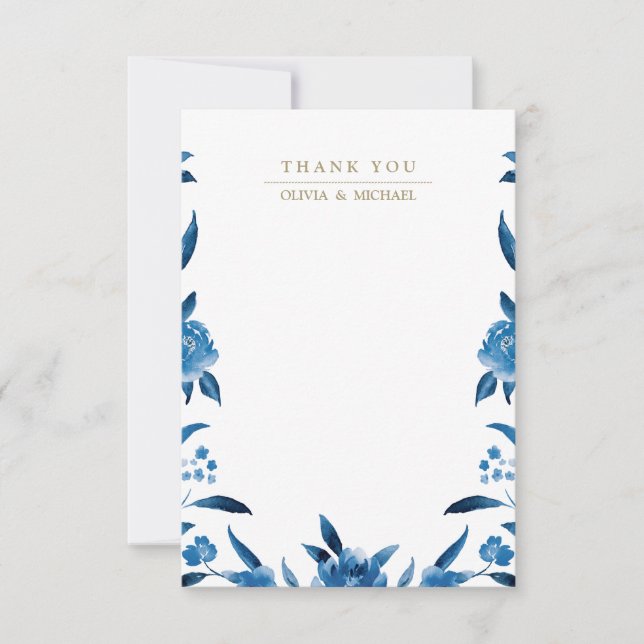 Blue floral Chinoiserie Wedding thank you Note Card (Front)