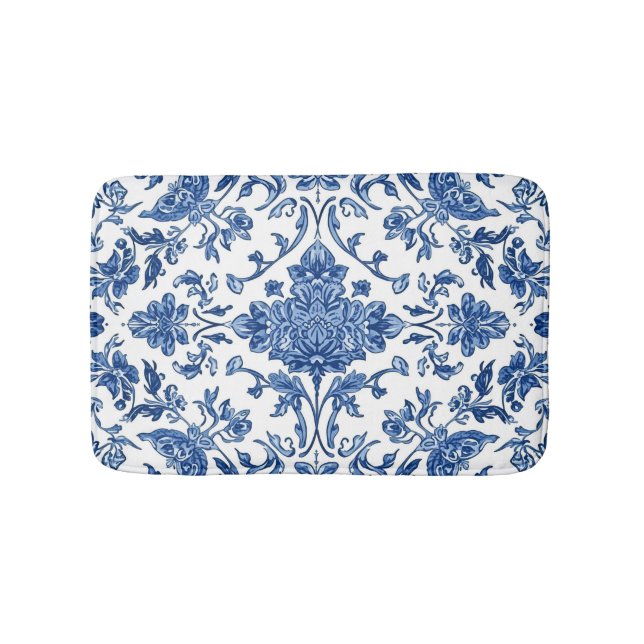 Blue Floral Chinoiserie White Watercolor Bath Mat (Front)