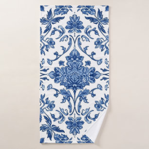Blue Floral Chinoiserie White Watercolor Bath Towel
