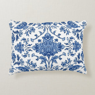 Blue Floral Chinoiserie White Watercolor Decorative Cushion