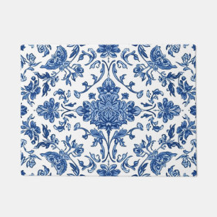 Blue Floral Chinoiserie White Watercolor Doormat