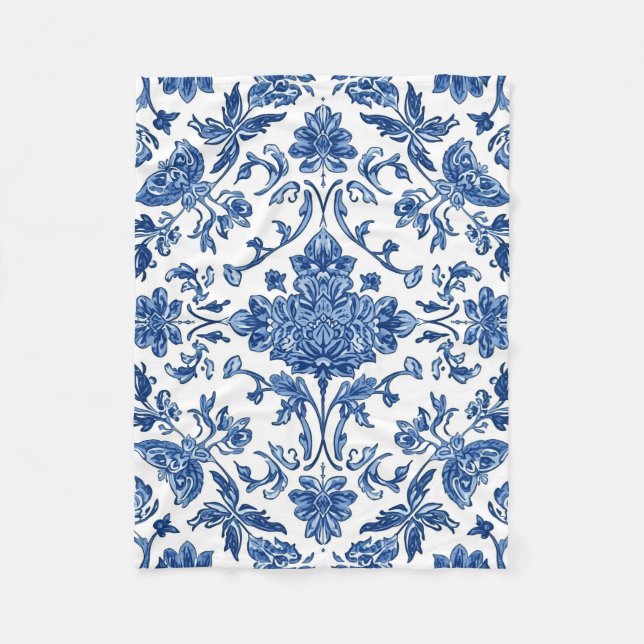 Blue Floral Chinoiserie White Watercolor Fleece Blanket (Front)