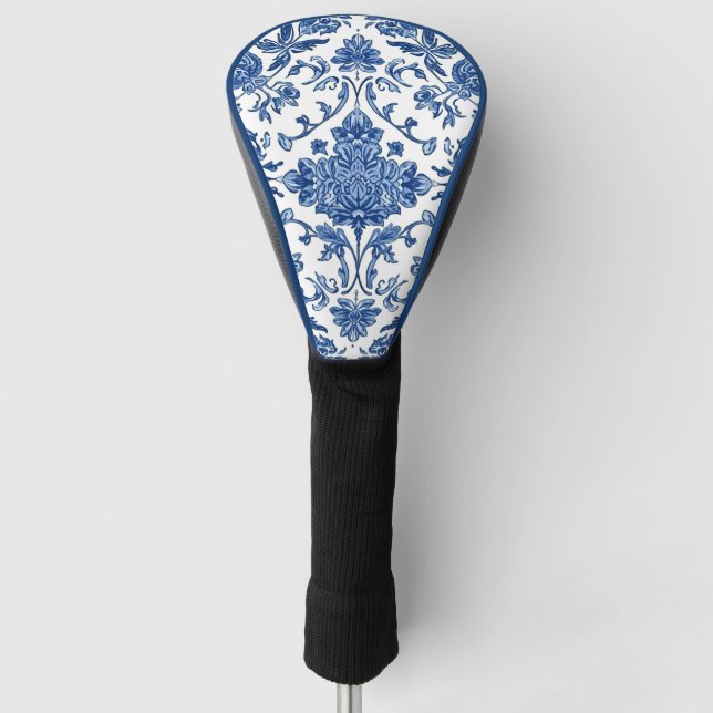 Blue Floral Chinoiserie White Watercolor Golf Head Cover (Front)