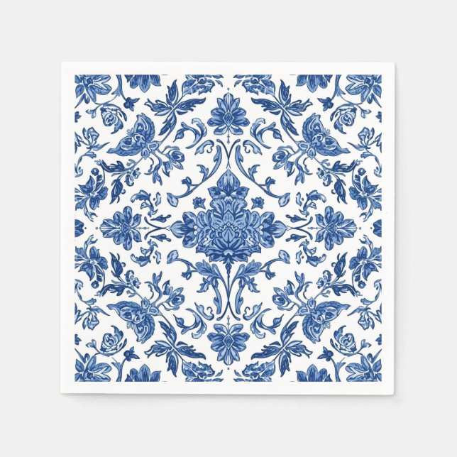 Blue Floral Chinoiserie White Watercolor Napkin (Front)