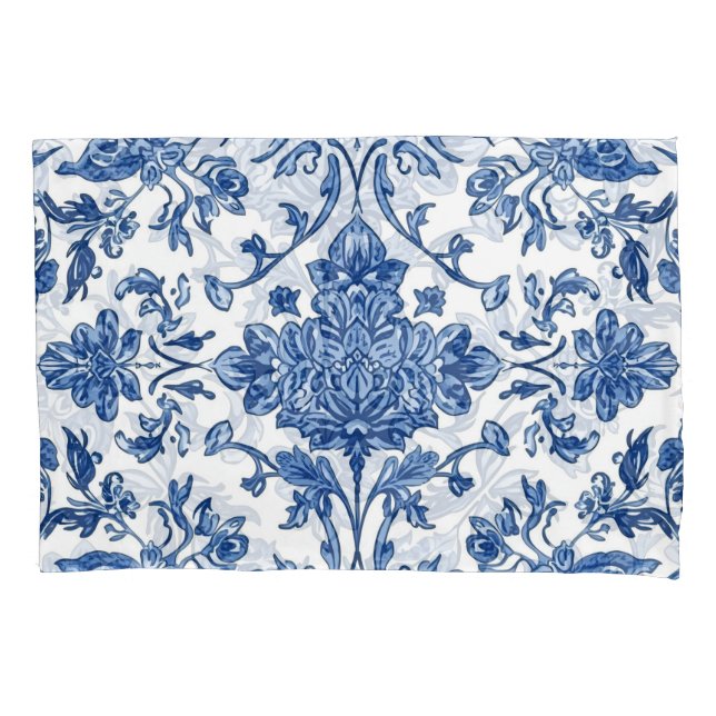 Blue Floral Chinoiserie White Watercolor Pillowcase (Front)