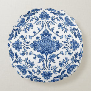 Blue Floral Chinoiserie White Watercolor Round Cushion