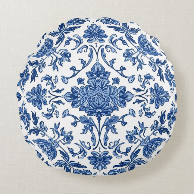 Blue Floral Chinoiserie White Watercolor Round Cushion (Front)