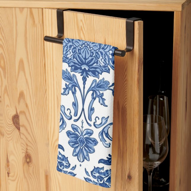 Blue Floral Chinoiserie White Watercolor Tea Towel (Thirds Fold)