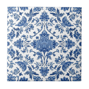 Blue Floral Chinoiserie White Watercolor Tile