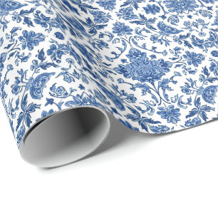Blue Floral Chinoiserie White Watercolor Wrapping Paper