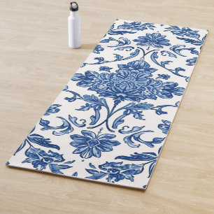 Blue Floral Chinoiserie White Watercolor Yoga Mat