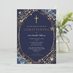 Blue Floral Christening Invitation