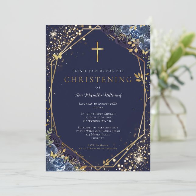 Blue Floral Christening Invitation (Standing Front)
