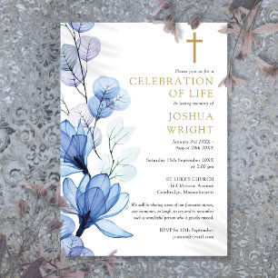 Blue Floral Christian Celebration Of Life Funeral Invitation