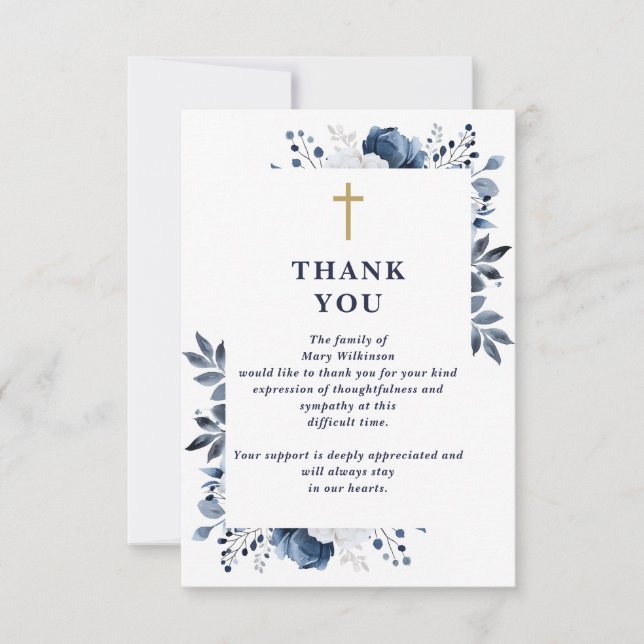 Blue Floral Christian Celebration Of Life Funeral Thank You Card (Front)