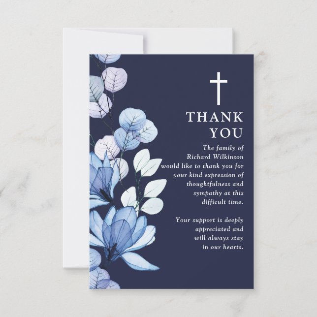 Blue Floral Christian Celebration Of Life Funeral Thank You Card (Front)