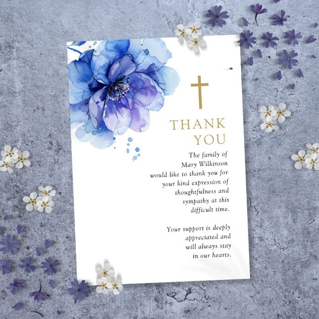 Blue Floral Christian Celebration Of Life Funeral Thank You Card (Blue Floral Christian Celebration Of Life Funeral Thank You Card)