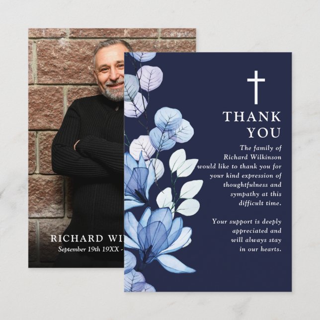 Blue Floral Christian Celebration Of Life Photo Thank You Card (Front/Back)
