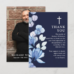 Blue Floral Christian Celebration Of Life Photo Thank You Card