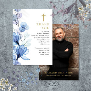 Blue Floral Christian Celebration Of Life Photo Thank You Card