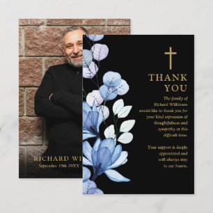 Blue Floral Christian Celebration Of Life Photo Thank You Card