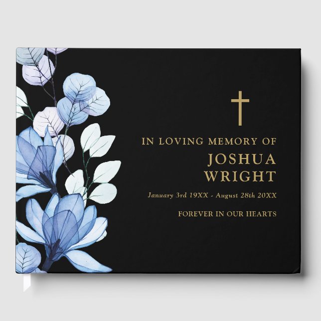 Blue Floral Christian In Loving Memory Funeral Guest Book (Front)