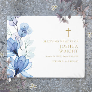 Blue Floral Christian In Loving Memory Funeral Guest Book