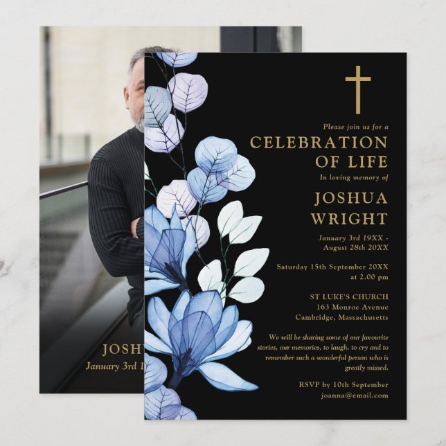 Blue Floral Christian Memorial Funeral Photo Invitation (Front/Back)