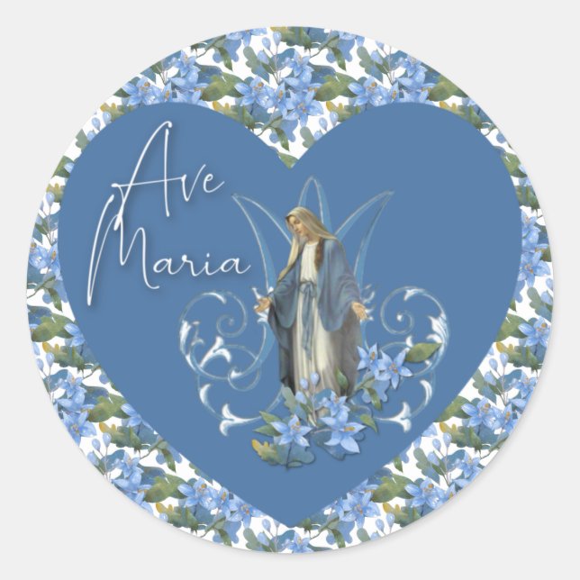 Blue Floral Christian Virgin Mary Ave Maria Classic Round Sticker (Front)