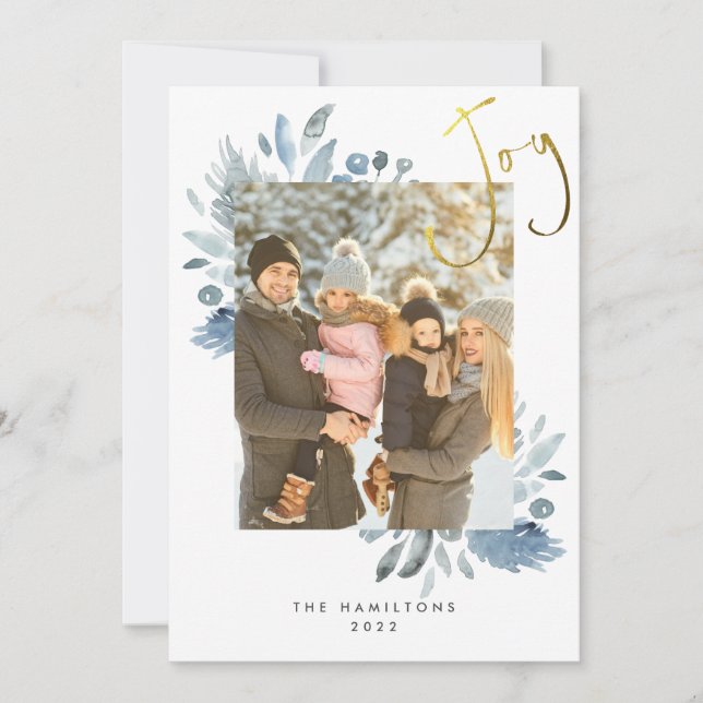 Blue Floral Christmas Photo Flat Holiday Card (Front)