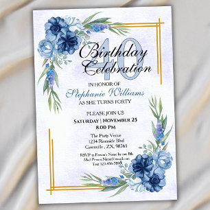 Blue Floral Classic Elegant Women's 40th Birthday Invitation