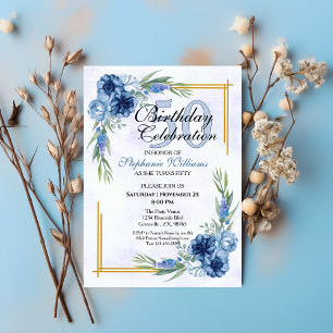 Blue Floral Classic Elegant Women's 50th Birthday Invitation