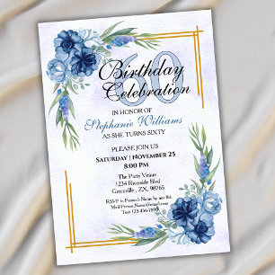 Blue Floral Classic Elegant Women's 60th Birthday Invitation