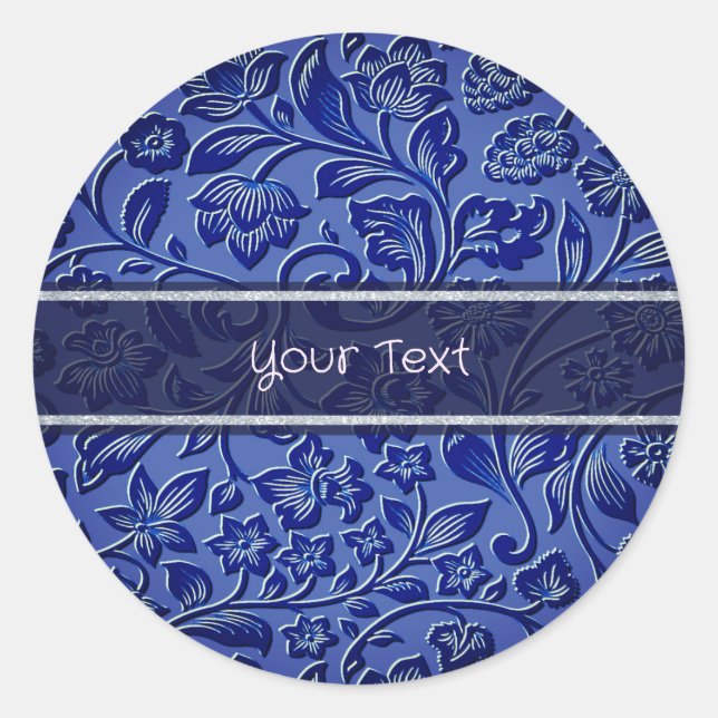 Blue Floral Classic Round Sticker (Front)