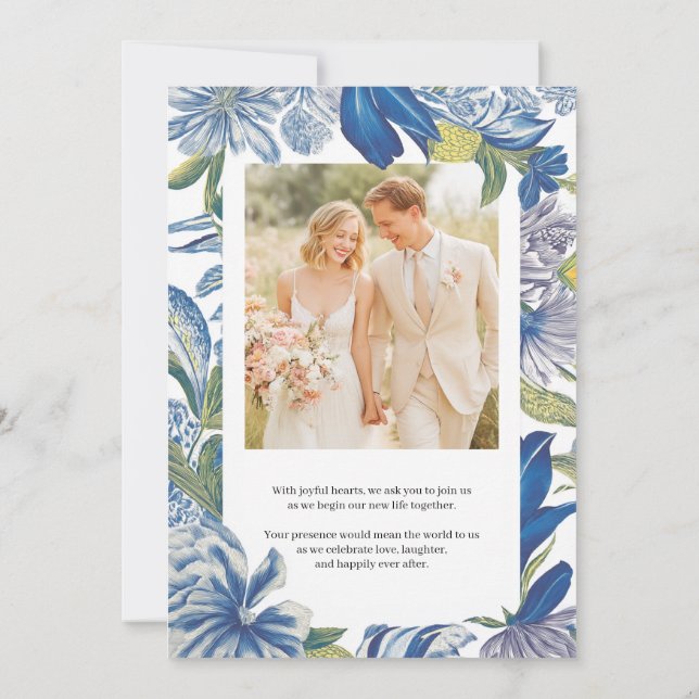 Blue Floral Classic Wedding Invitation (Back)