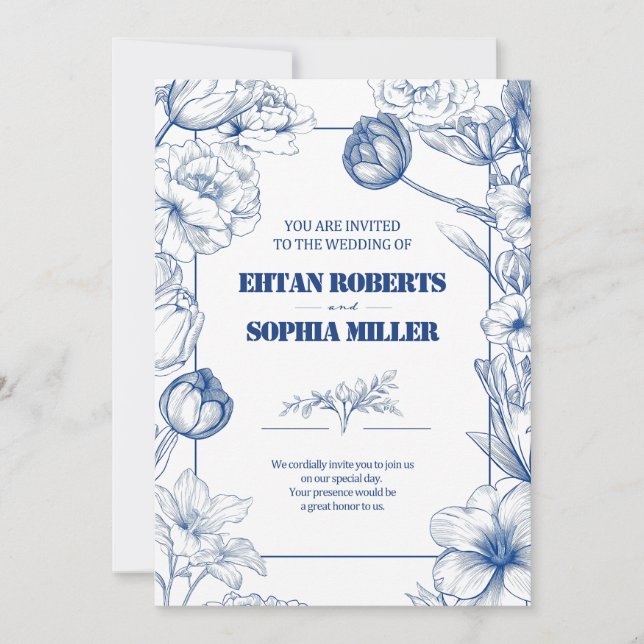 Blue Floral Classic Wedding Invitation (Front)