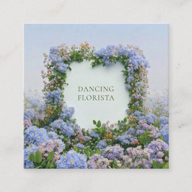 Blue Floral Cluster Geometric Frame Whimsical Square Business Card (Front)