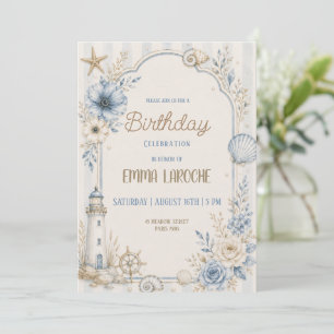 Blue Floral Coastal Birthday Watercolor Invitation