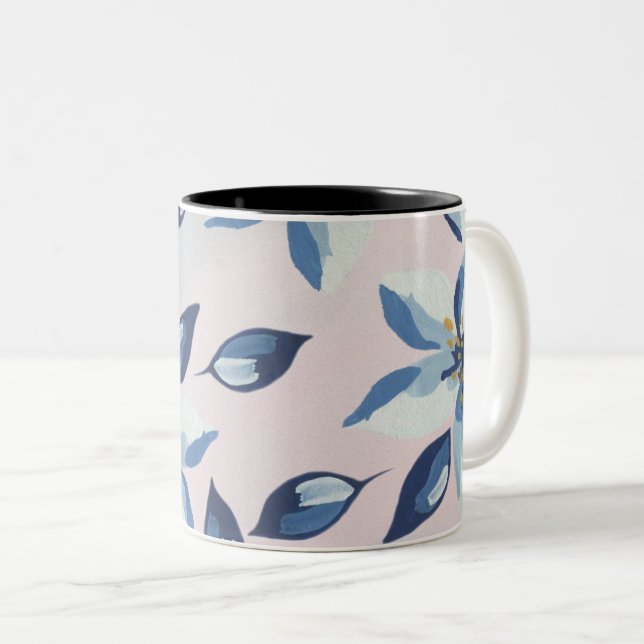 Blue floral coffee mug. Two-Tone coffee mug (Front Right)