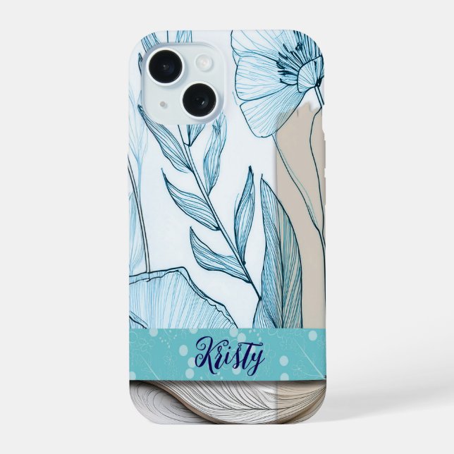 Blue floral collage iPhone case, teal and beige 15 Case (Back)