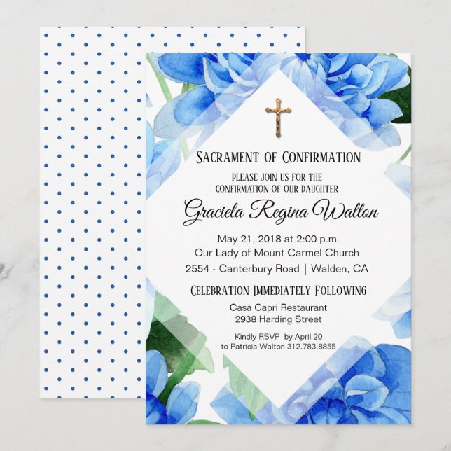Blue Floral | Confirmation | Crucifix Invitation (Front/Back)