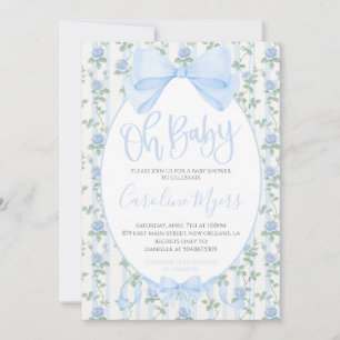 Blue Floral Coquette Bow Baby Boy Invitation