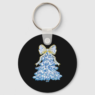 Blue Floral Coquette Bow Christmas Tree Chinoiseri Key Ring