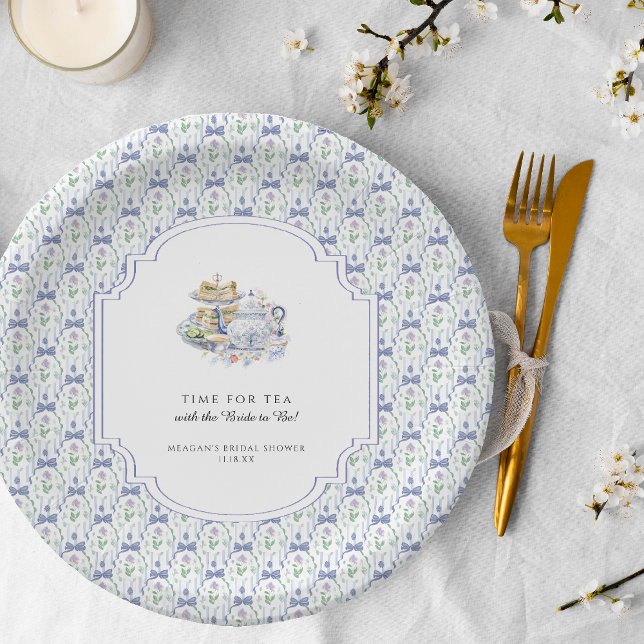 Blue Floral Coquette Tea Party Bridal Shower Paper Plate (Creator Uploaded)