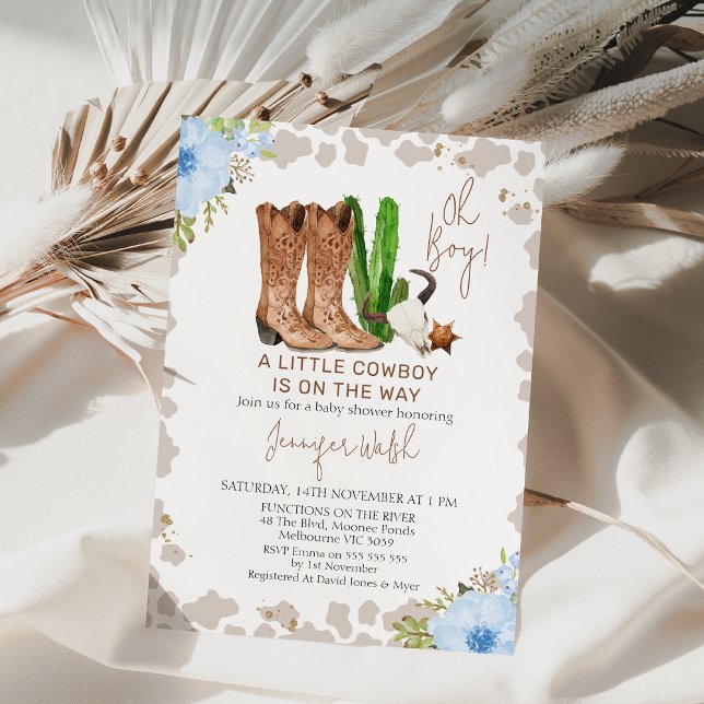 Blue Floral Cow Print Little Cowboy baby Shower  Invitation (Blue Floral Cowboy Baby Shower Invitation, Little Cowboy baby shower Invite, Wild West Theme Shower)