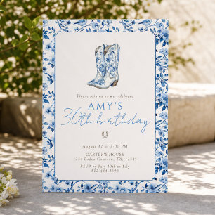 Blue Floral Cowgirl 30th Birthday Western Boots Invitation