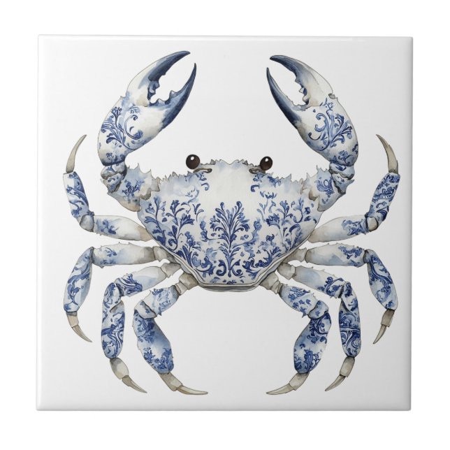Blue Floral Crab Ceramic Tile (Front)